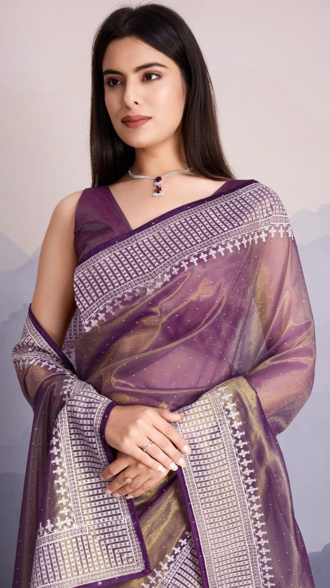 Purple Color Maharani Style Broad Embroidered Saree