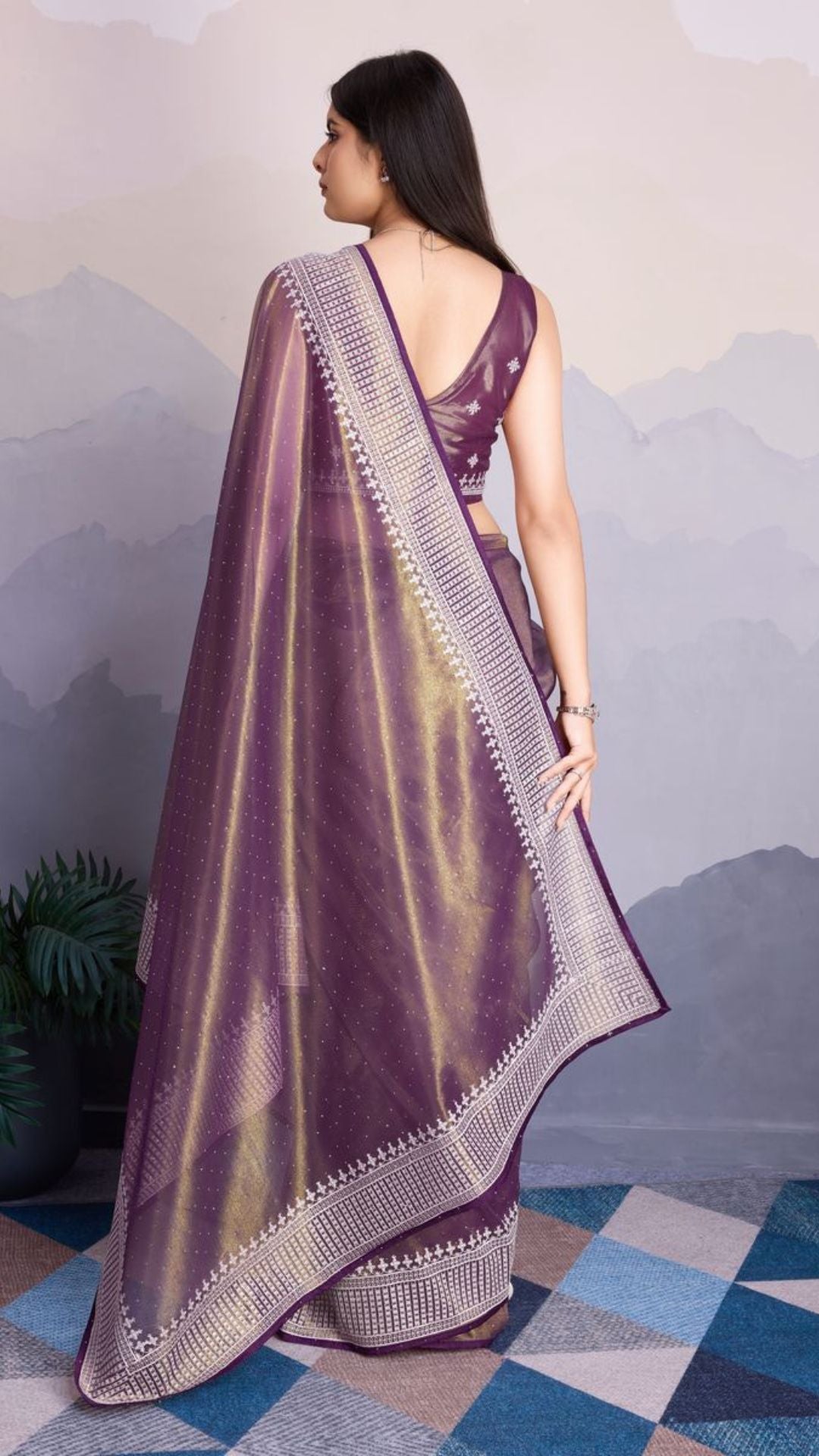 Purple Color Maharani Style Broad Embroidered Saree