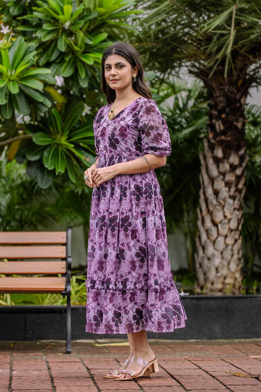 Purple Premium Faux Georgette eautifully detailed floral & geometric digital print Gown