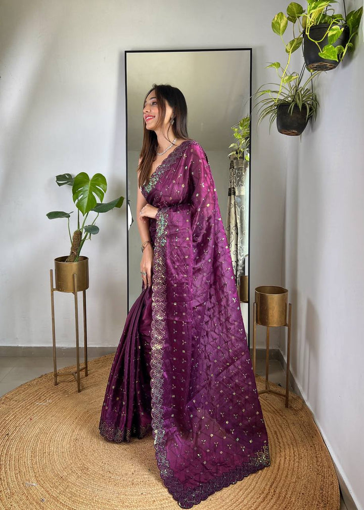 Purple Soft Geemichu Silk Designer Embroidered sequence and thread work Saree