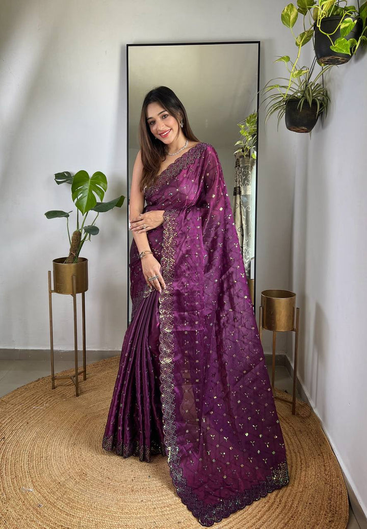 Purple Soft Geemichu Silk Designer Embroidered sequence and thread work Saree