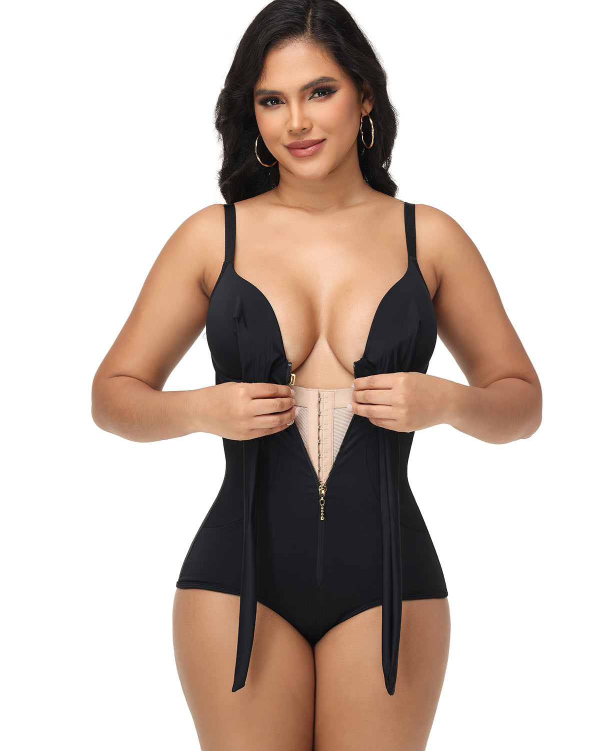Shapshe® Shaping V Neck Swimsuit with Zipper and Bow  - By Qivii
