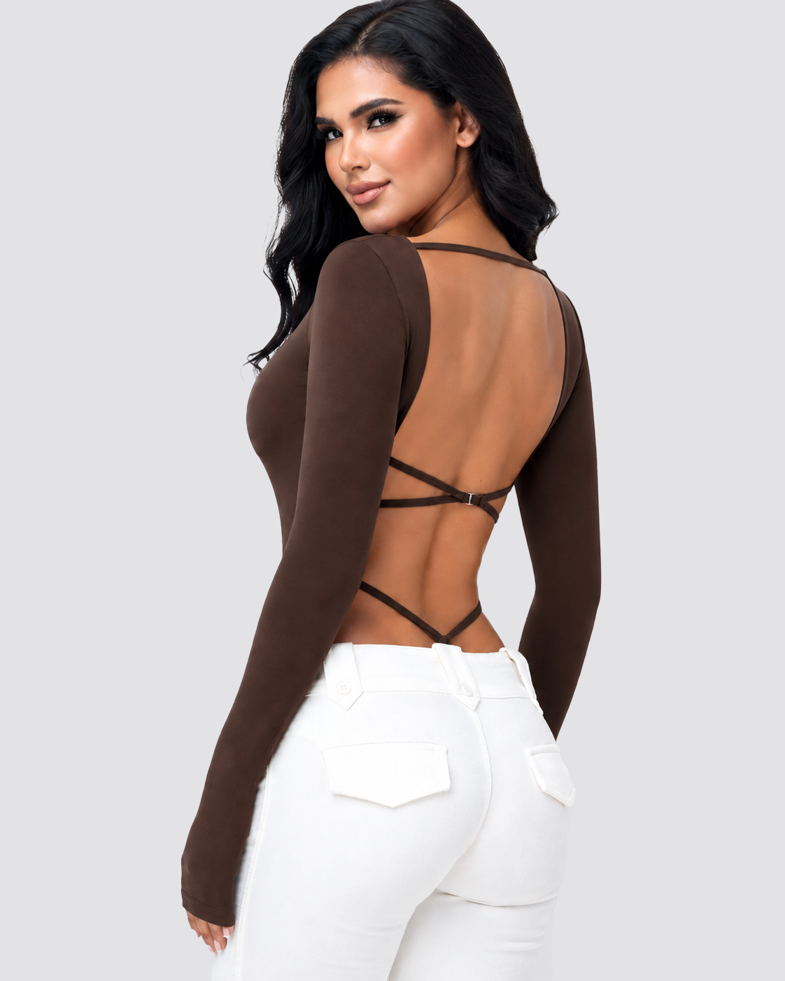 Square Neck Long Sleeve Backless Thong Slim Fit Bodysuit