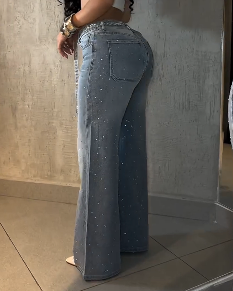 Stylish Mid Waist Diamond Studded Wide Leg Jeans with Belt  - By Qivii