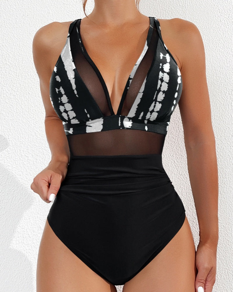 Sexy Deep V Mesh Backless One Piece Shapewear Swimsuit  - By Qivii