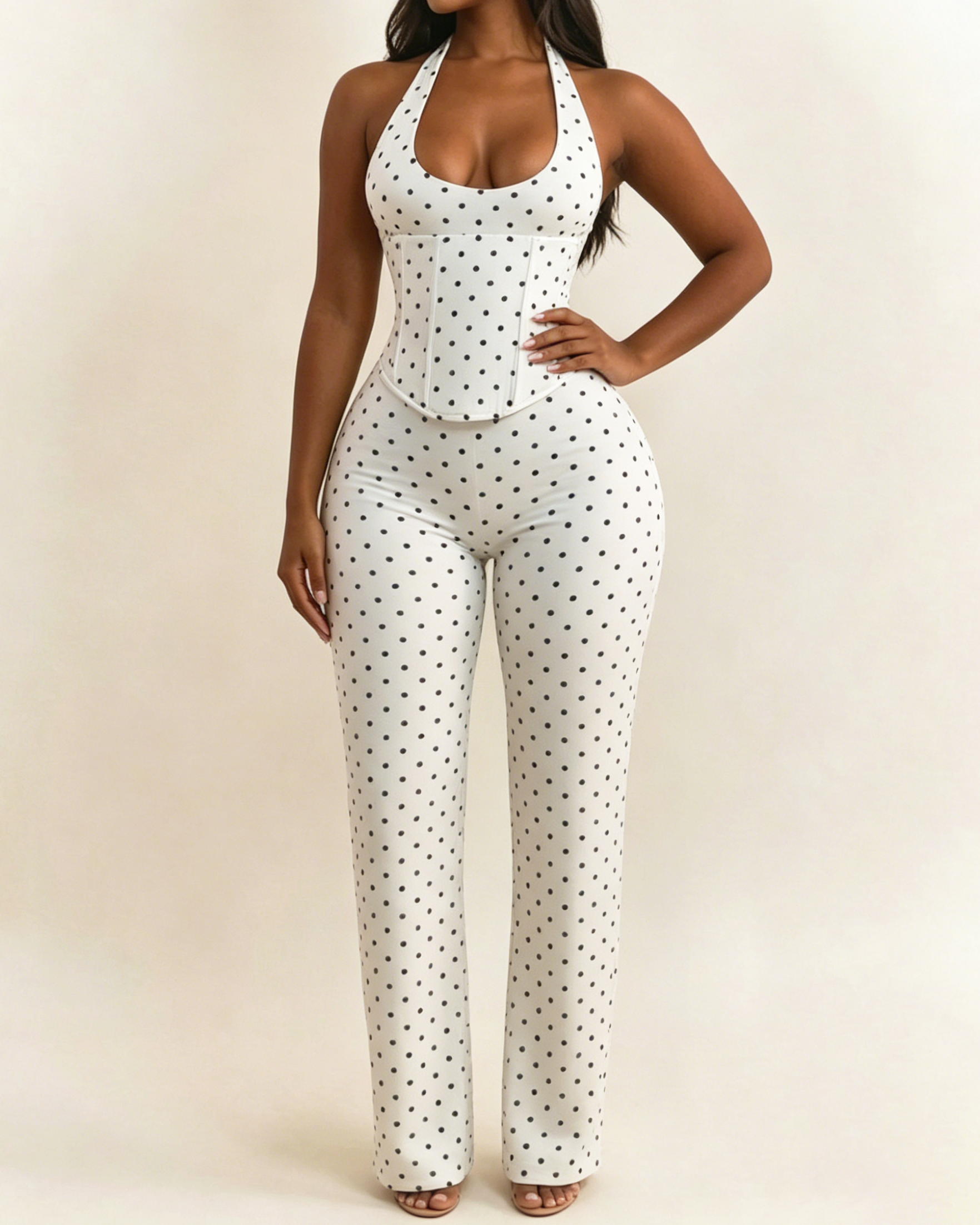 Polk Dot Halter-Neck Backless Detachable Corset Wide-leg Jumpsuit Two-Piece Set  - By Qivii