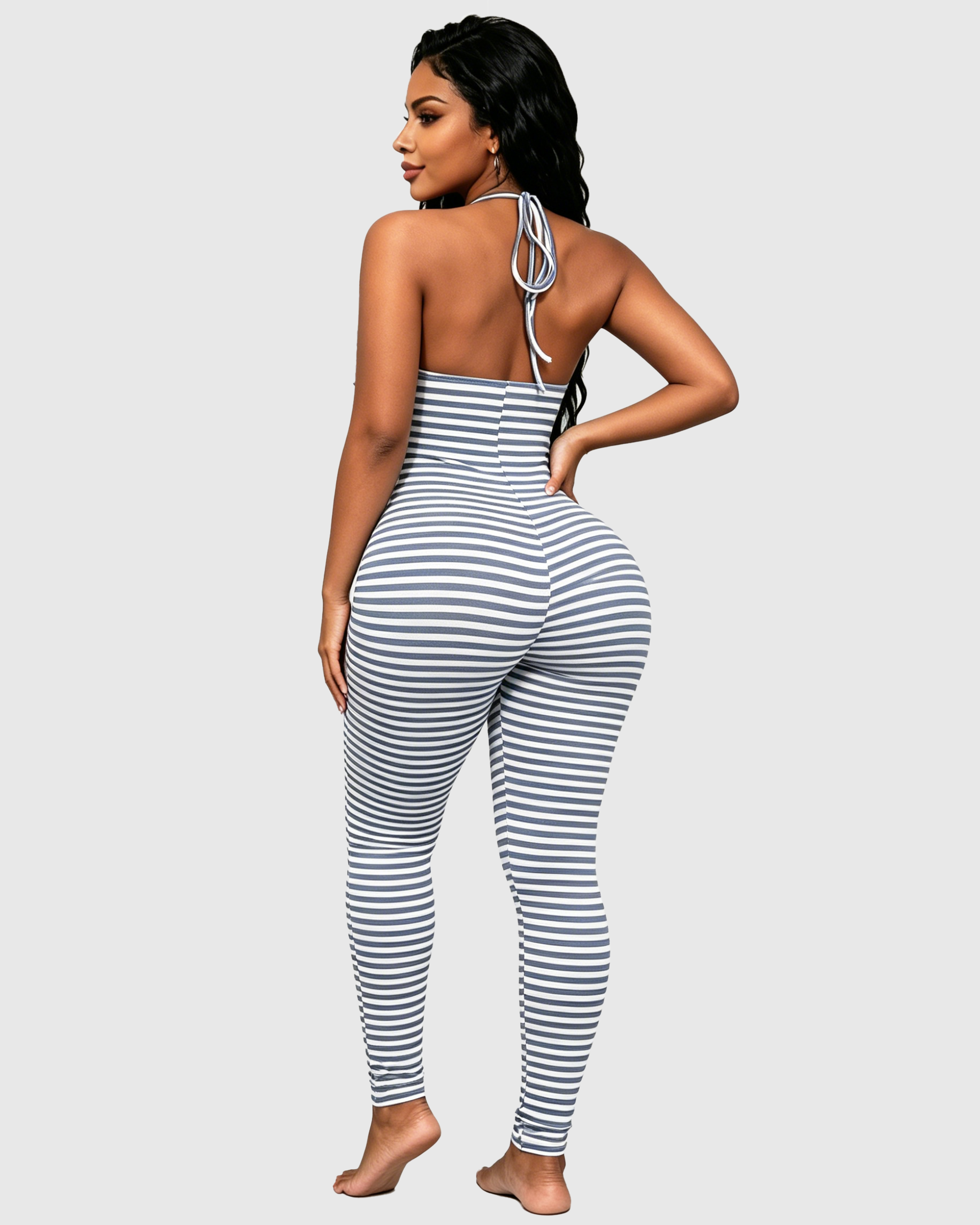 Grey White Stripe Halter Ruched Bust Backless Skinny Full Length Jumpsuit  - By Qivii