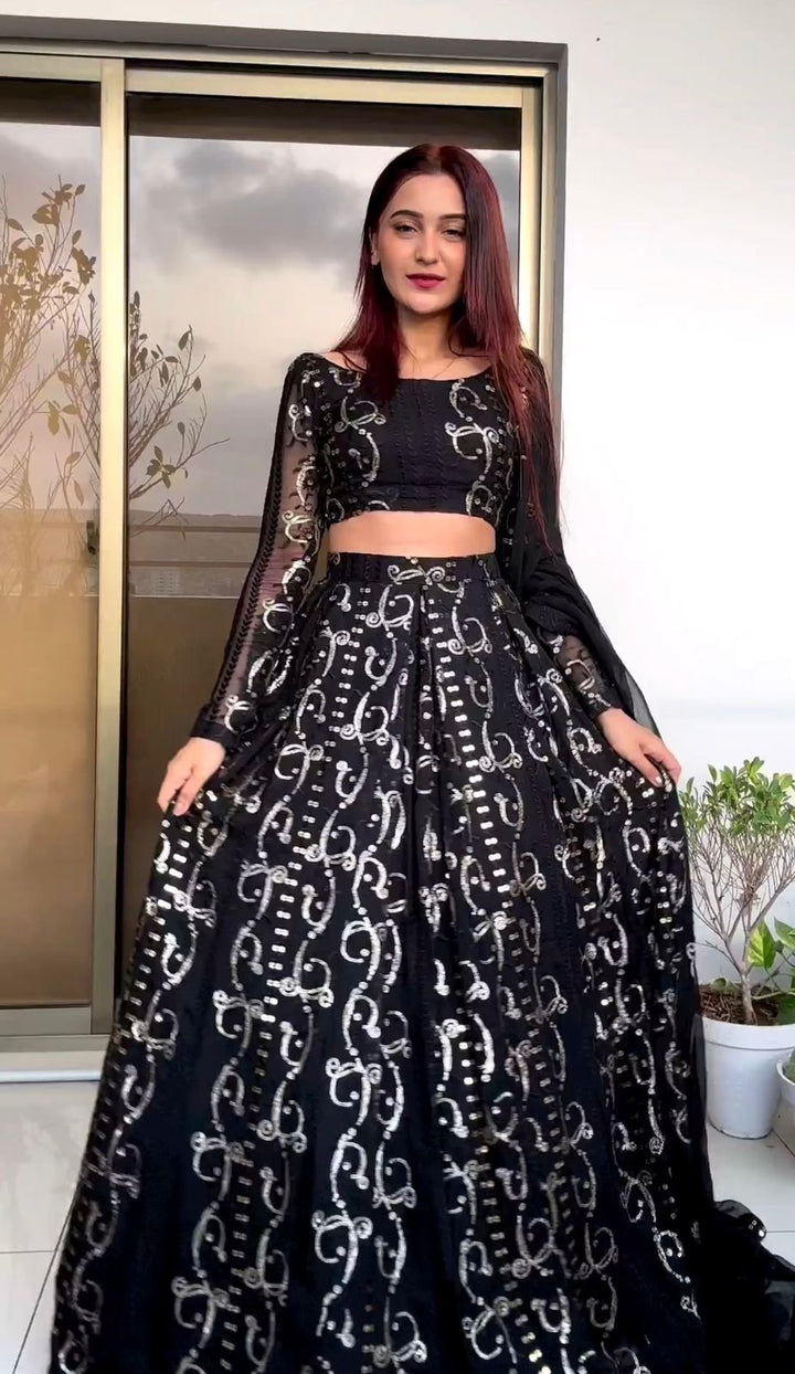 Black Foux gorgette thread with Sequnce four side coin lace broder Lehengha