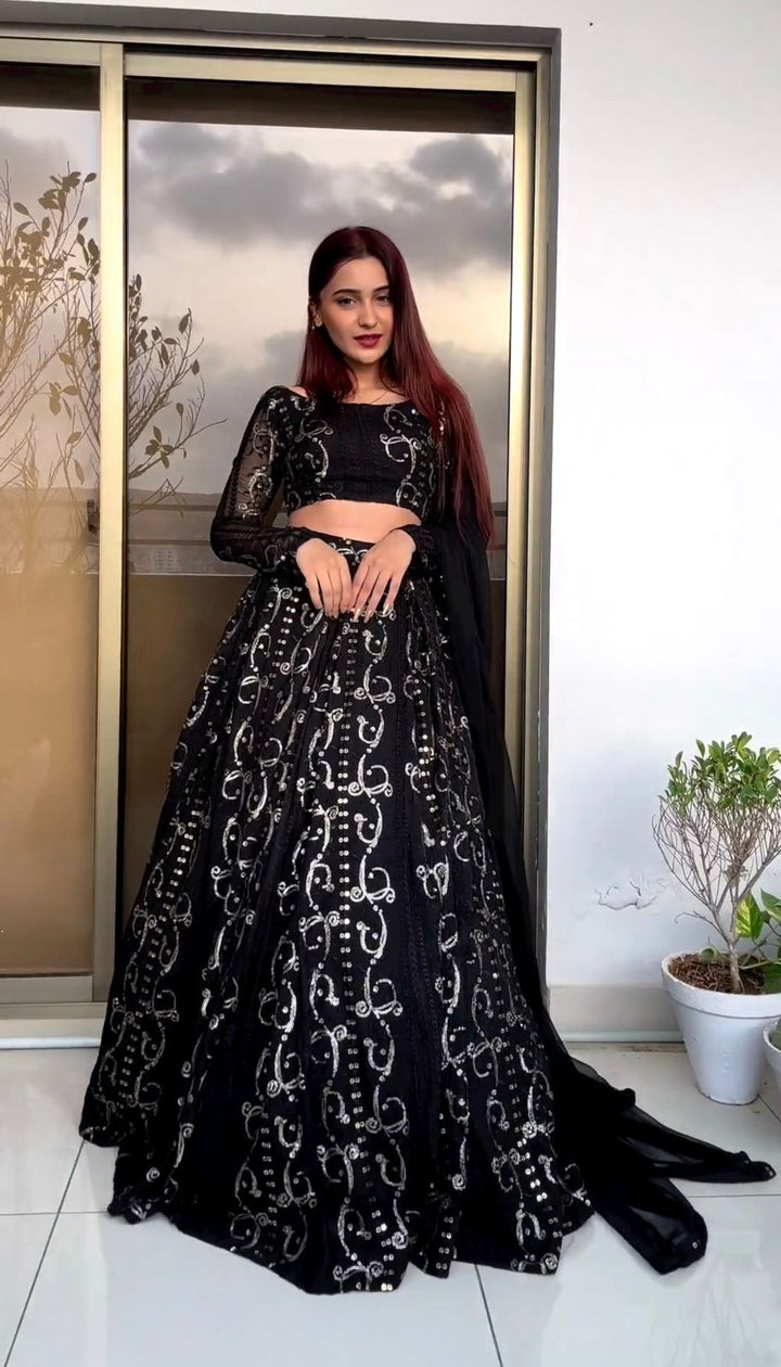 Black Foux gorgette thread with Sequnce four side coin lace broder Lehengha