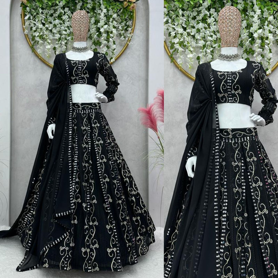 Black Foux gorgette thread with Sequnce four side coin lace broder Lehengha