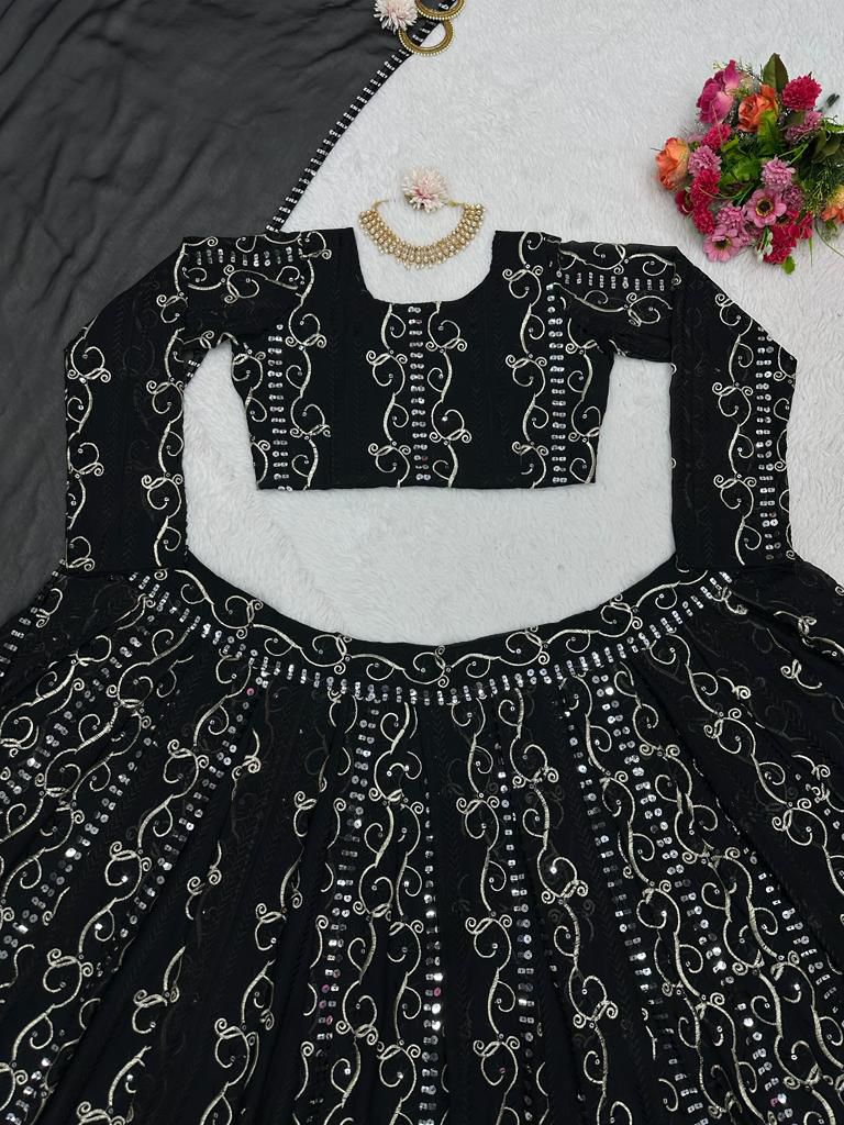 Black Foux gorgette thread with Sequnce four side coin lace broder Lehengha