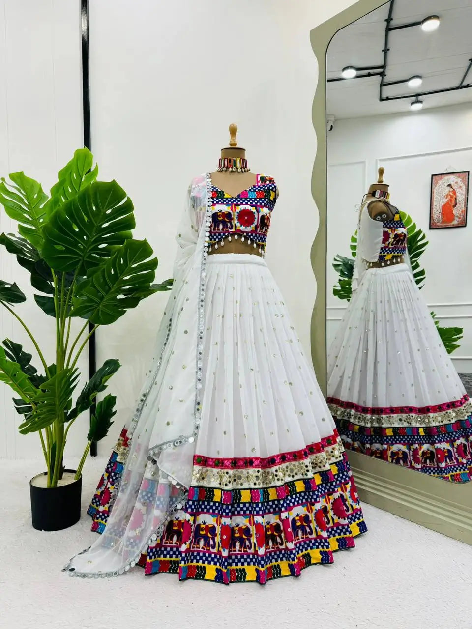 White Chain Stitch Embroidery & Mirror Work Georgette Navratri Lehenga