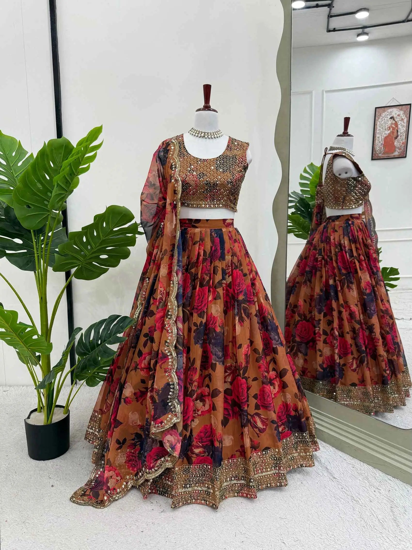 Brownish Yellow Floral Print With Embroidery Work Lehenga And Dupatta - qivii