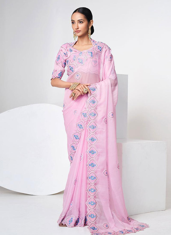 Queen Anne Neckline Baby Pink Organza Saree  - By Kreeva