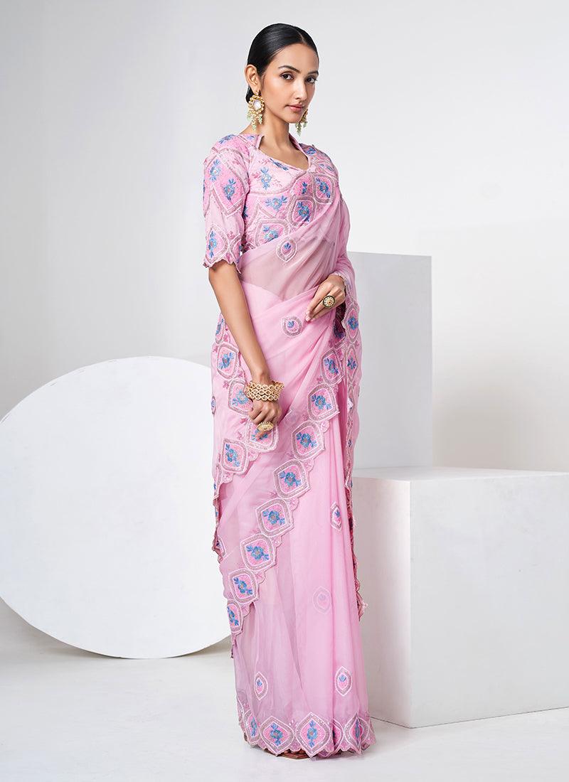 Queen Anne Neckline Baby Pink Organza Saree  - By Kreeva