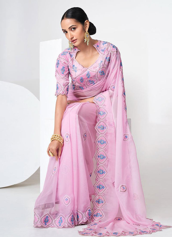 Queen Anne Neckline Baby Pink Organza Saree  - By Kreeva