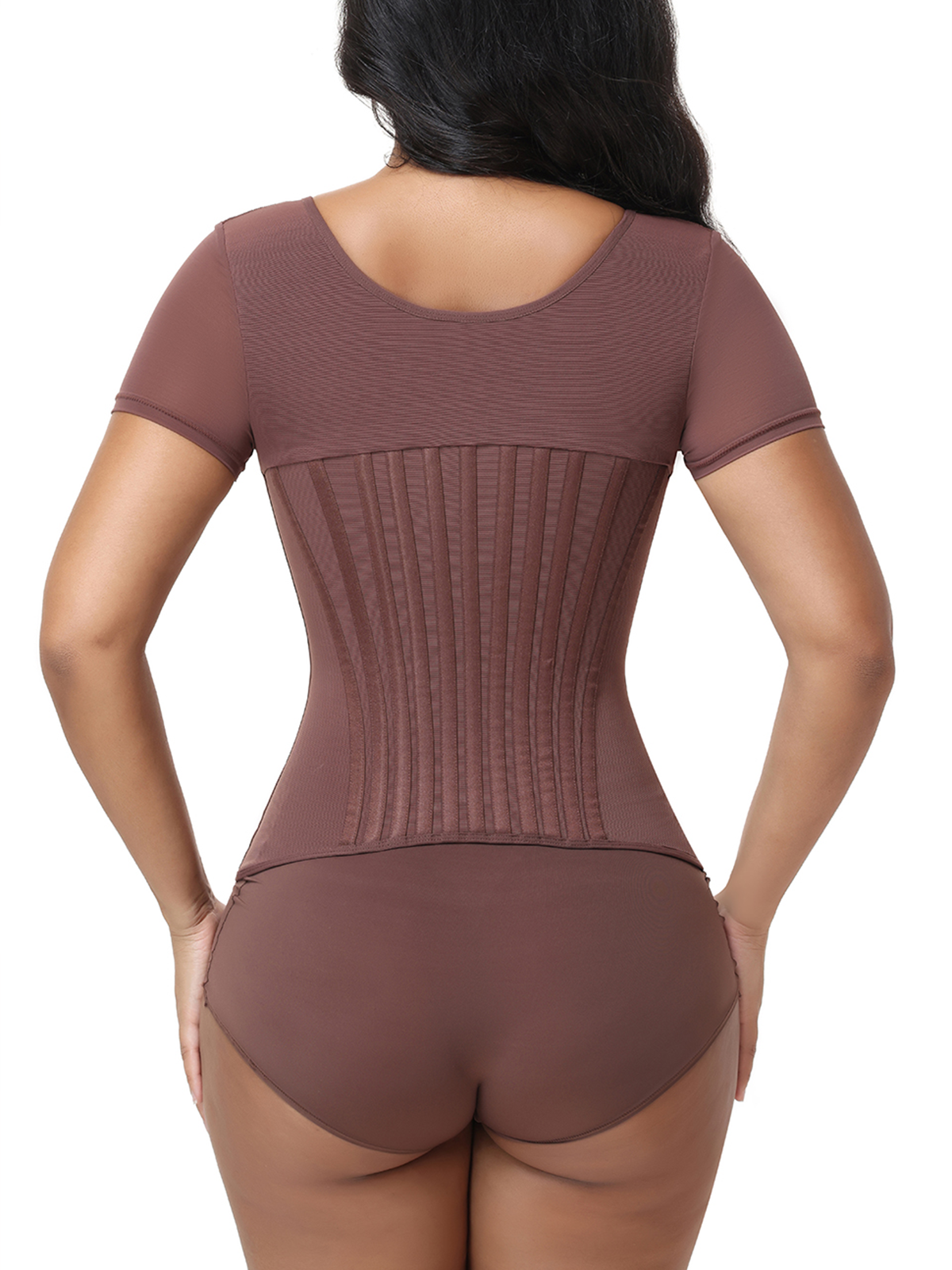 V Neck Front Zipper Short Sleeve Segmented Bone Waist Trainer Compression Shaping Top