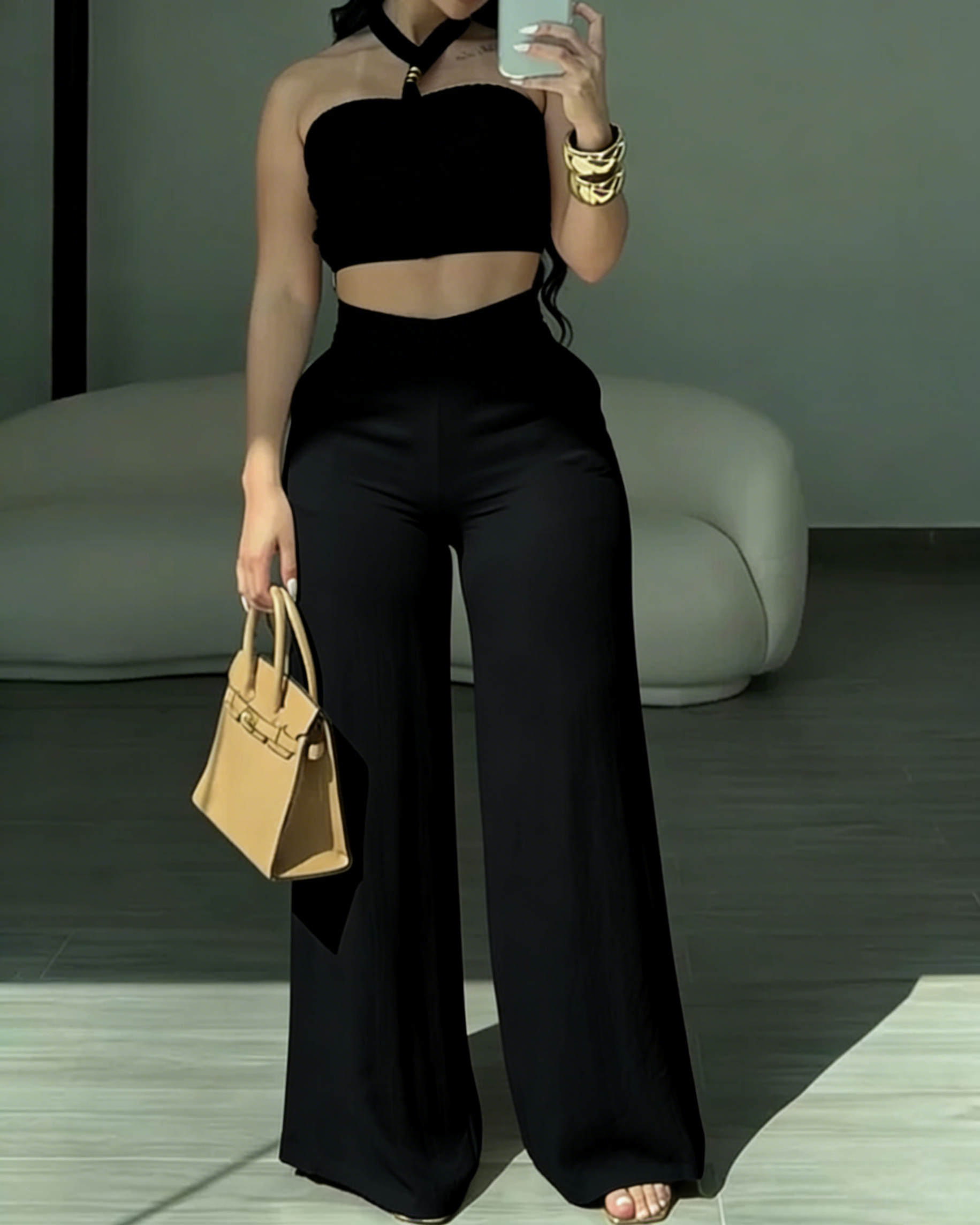 2 Piece Braided Trim Two Piece Outfit with Flared Trousers  - By Qivii