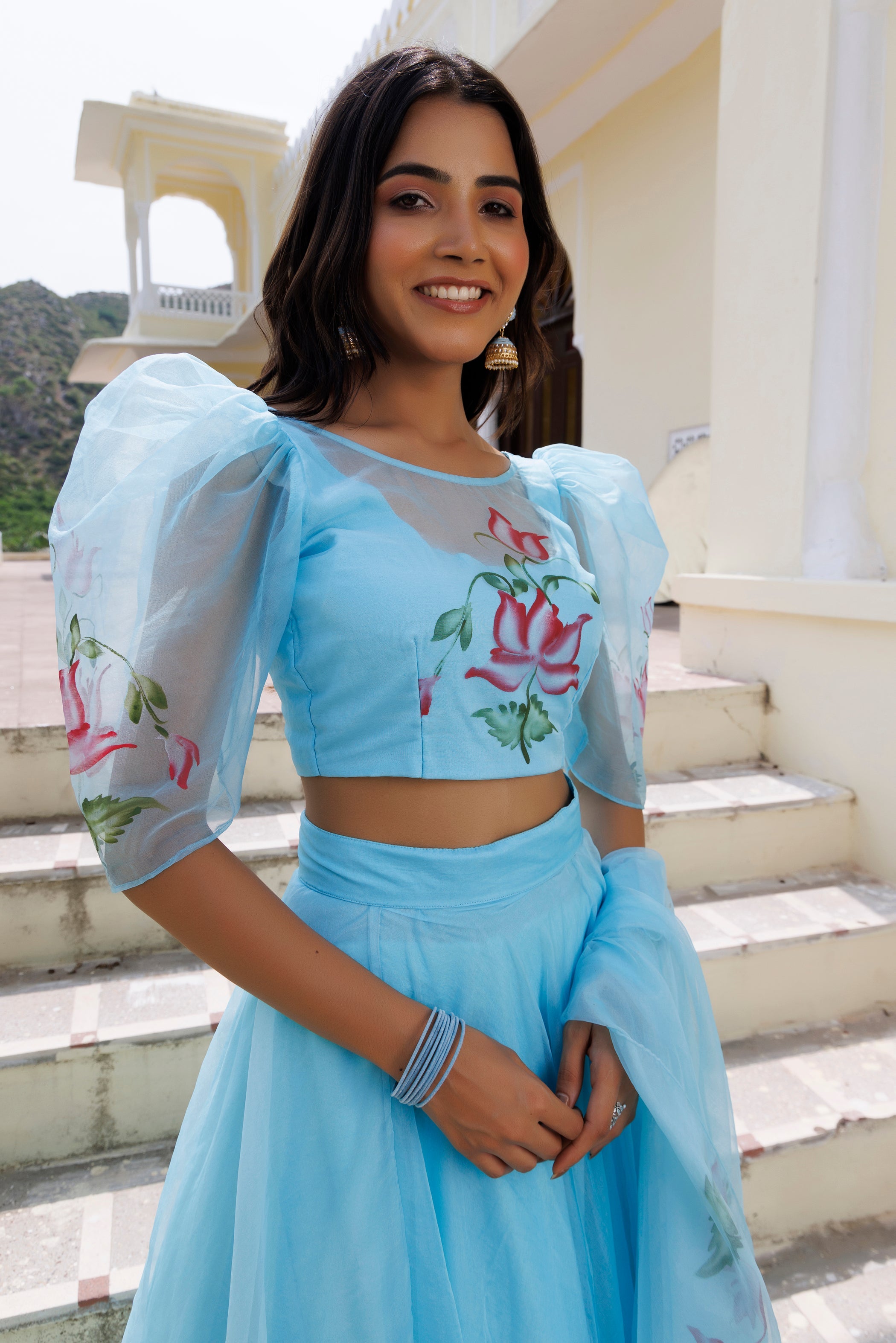 Clearwater Blue Brush Paint Lehenga Set