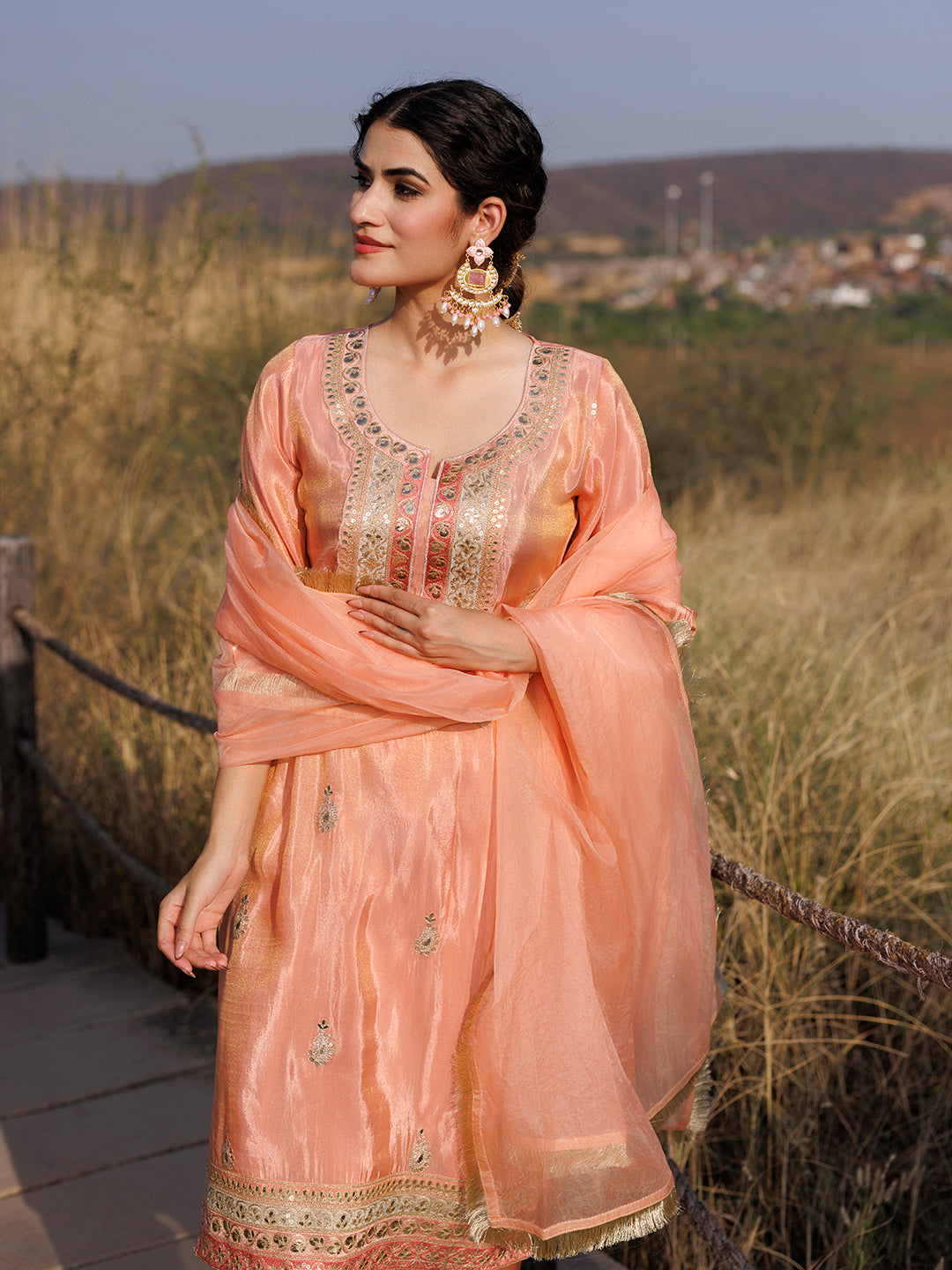Coral Peach Tissue Shimmer Embroidered Suit Set