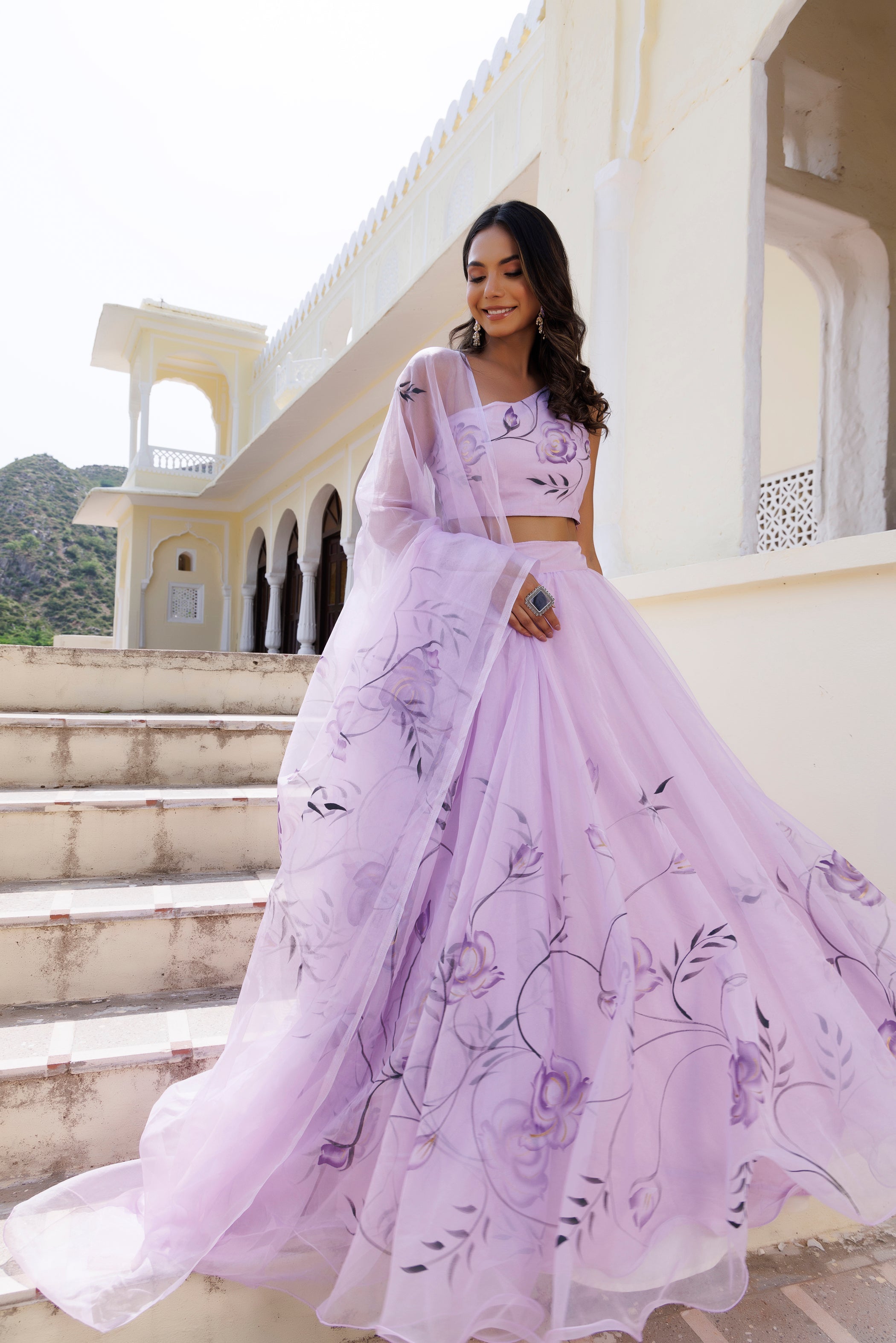Purple Orchid Petal Brush Paint Lehenga Set