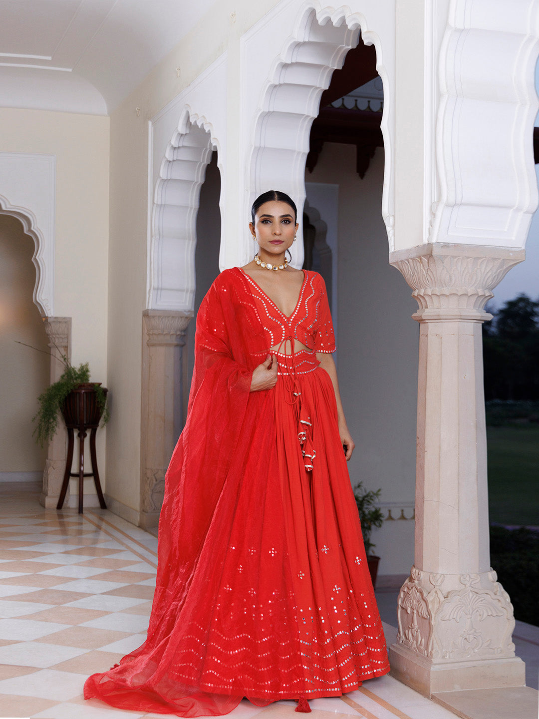 Red Cherry Mirror Work Embroidered Cotton Lehenga Set