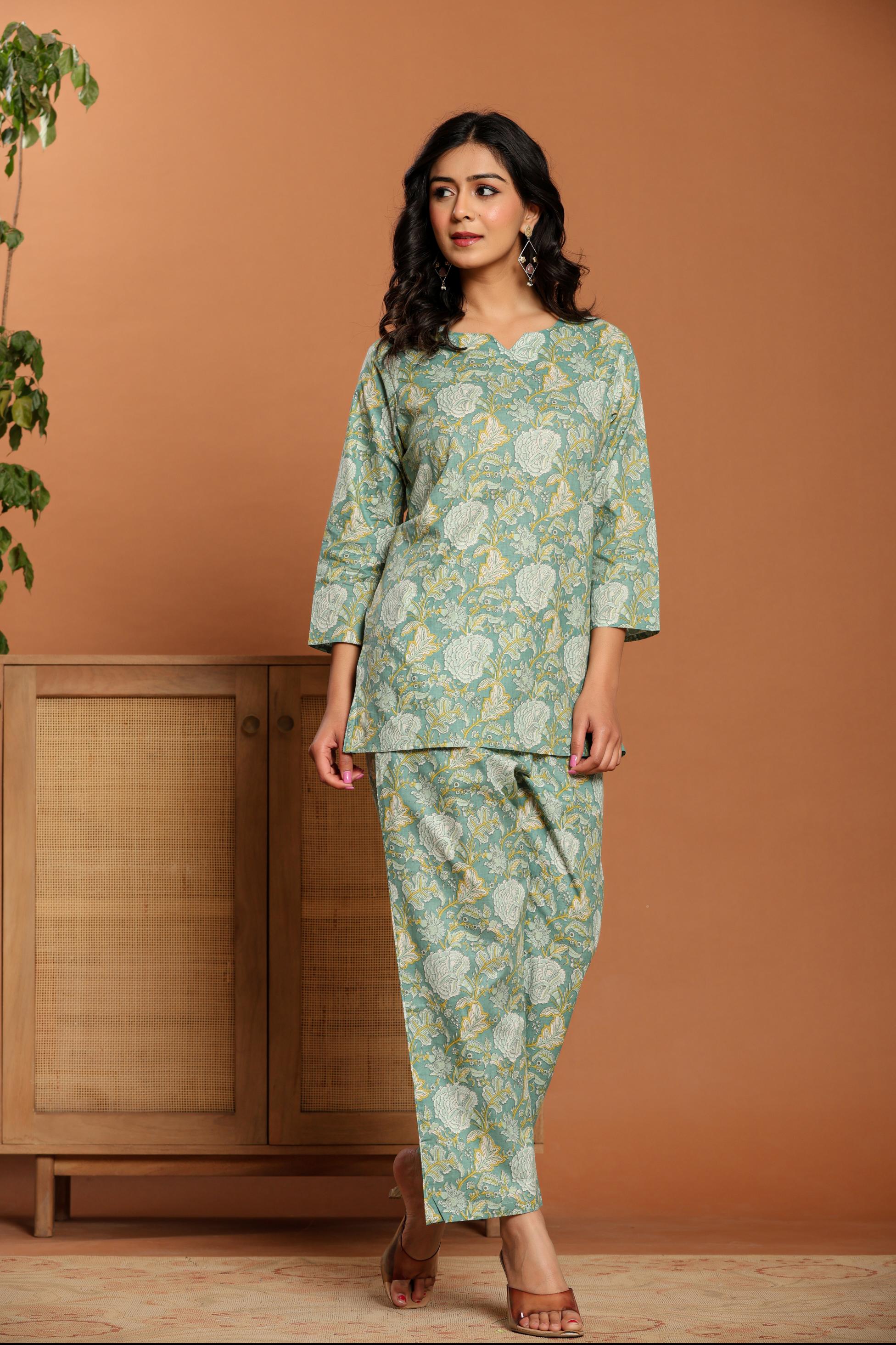 Green Printed Cotton Coord Set - qivii