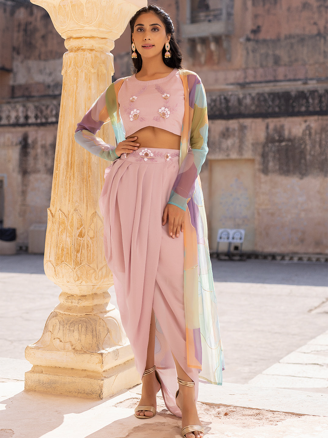 Primrose Pink Top Tulip Skirt with Shrug  - By Ragavi - qivii