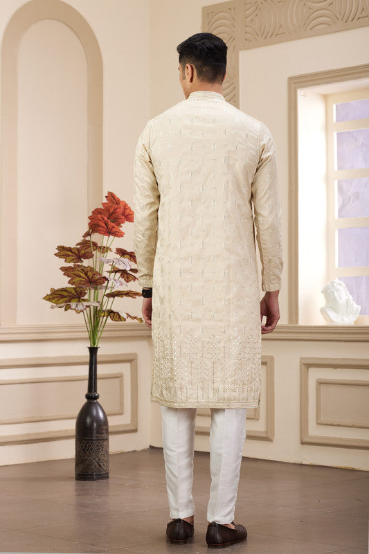 Men's Art Silk Thread Work Kurta Pajama In Beige Colour