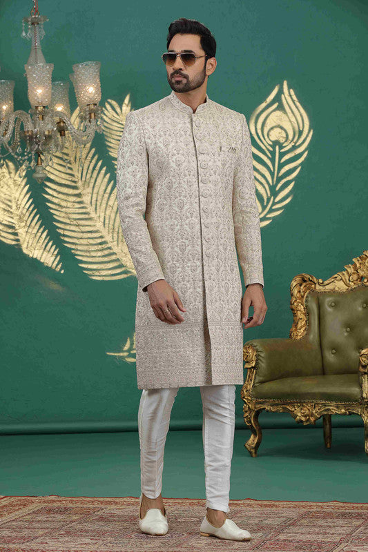 Men's Art Silk Thread Work Sherwani Set In Beige Color