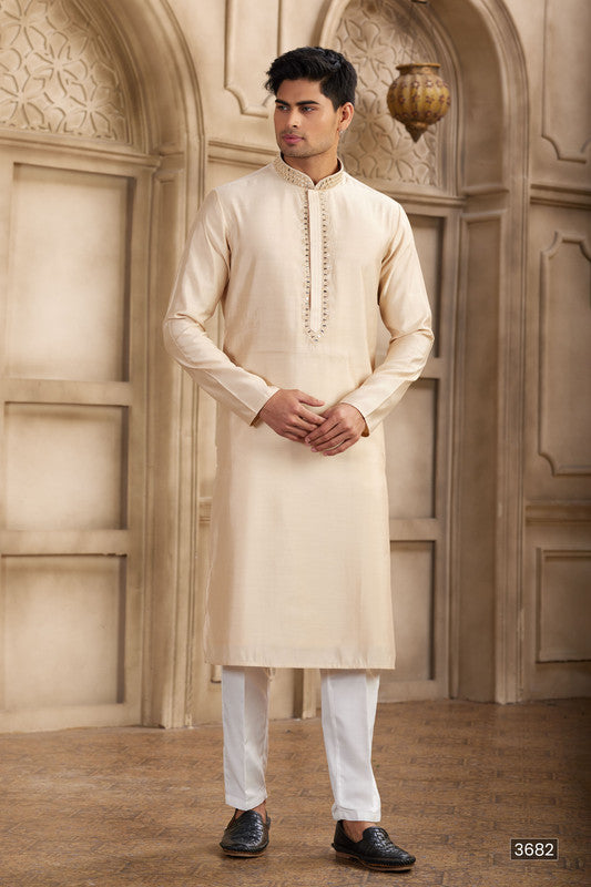 Men's Banarasi Art Silk Mirror Work Kurta Pajama In Beige Colour