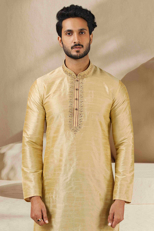 Men's Banarasi Art Silk Mirror Work Kurta Pajama In Beige Gold Colour