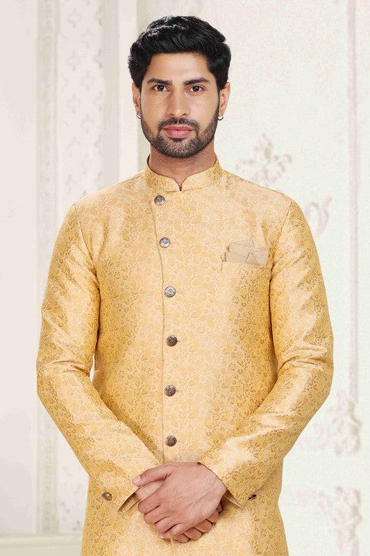 Men's Banarasi Jacquard Embroidery Semi Indo Western Sherwani In Cream Beige Colour
