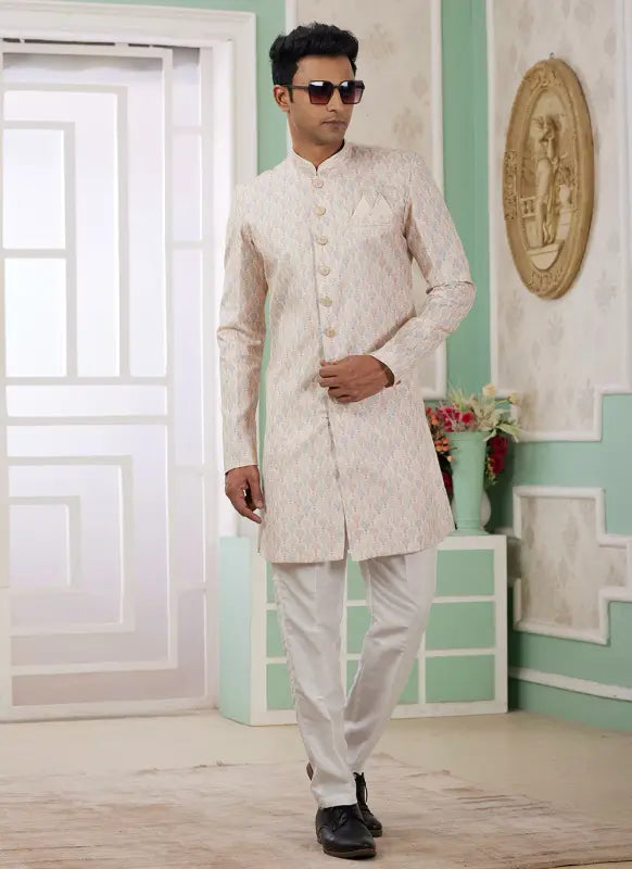 Men's Beige Banarasi Jacquard Embroidery Indo Western Set