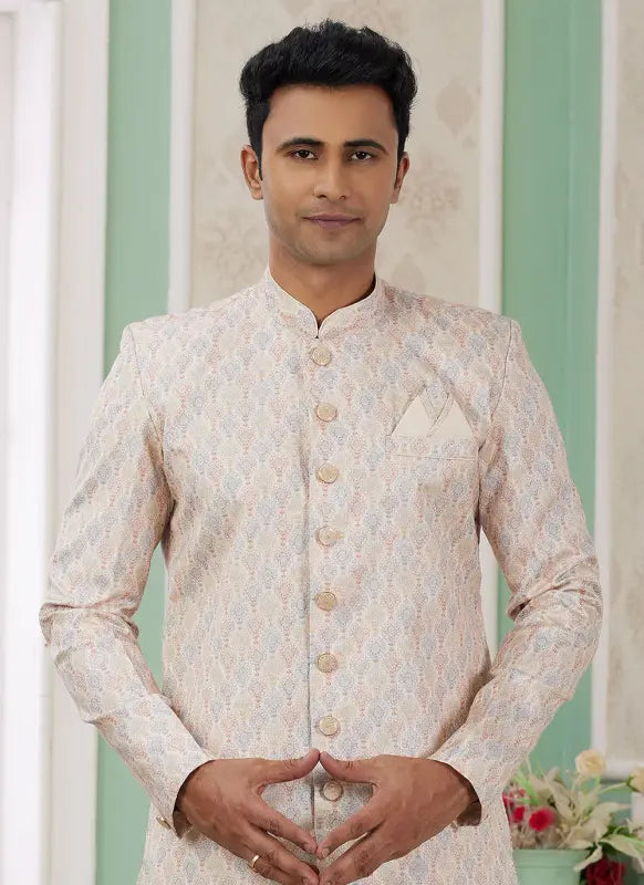 Men's Beige Banarasi Jacquard Embroidery Indo Western Set
