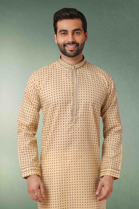 Men's Cotton Printed Work Kurta Pajama In Beige Colour