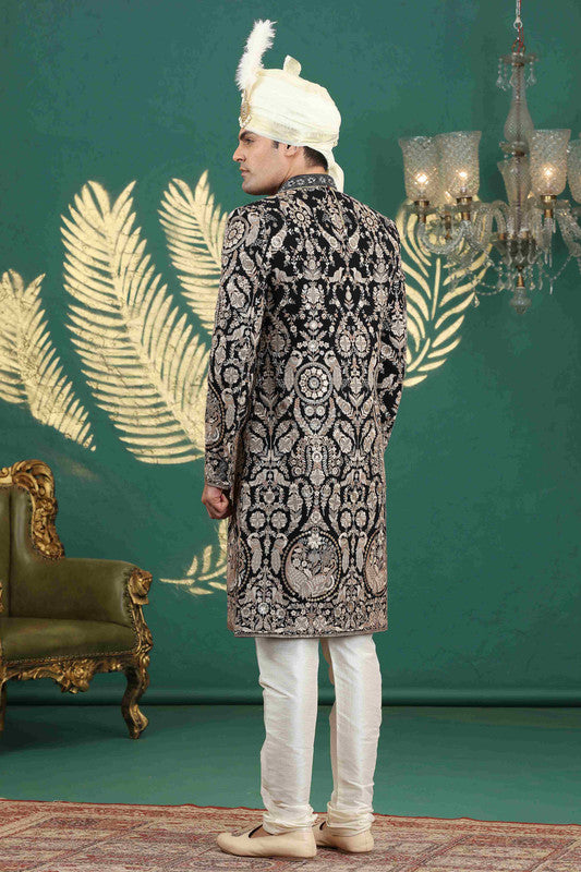 Men's Art Silk Thread Work Sherwani Set In Black Gold Color