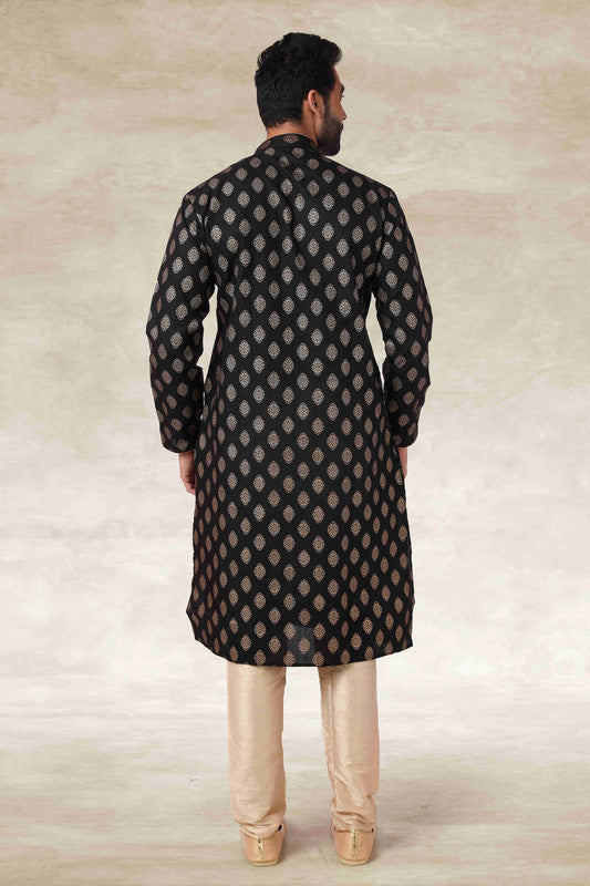 Men's Cotton Printed Work Kurta Pajama In Black Colour