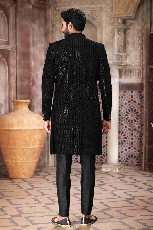Men's Velvet And Art Silk Embroidery Work 3 Pcs Indo Jacket Set In Black Colour