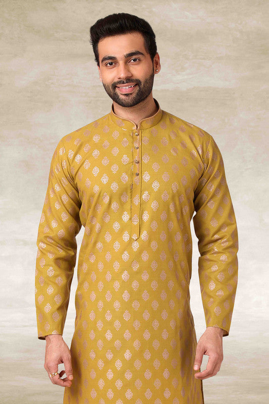 Men's Cotton Printed Work Kurta Pajama In Mustard Colour