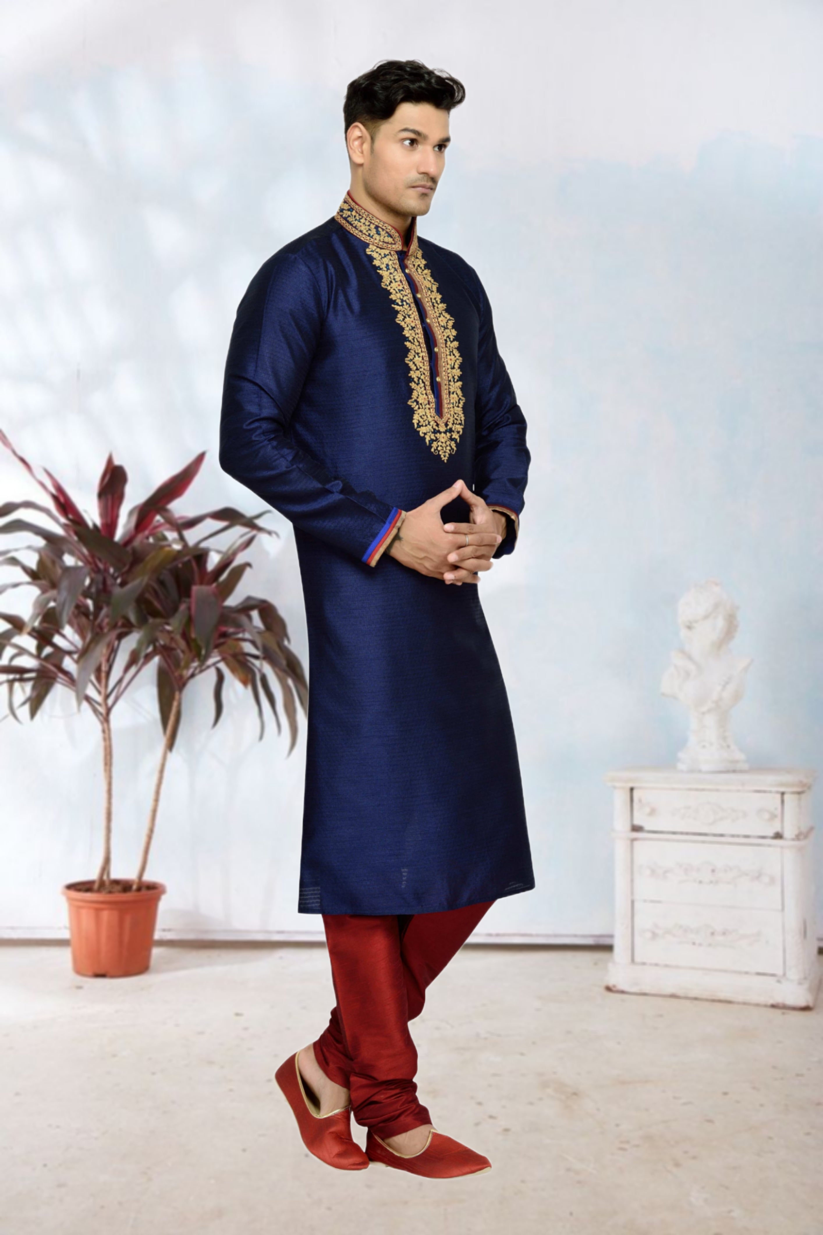 Men's Cotton Printed Work Kurta Pajama In Mustard Colour