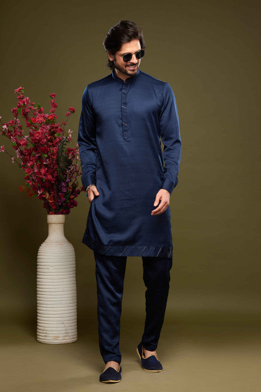 Men's Art Banarasi Silk Thread Work Kurta Pajama In Blue Colour