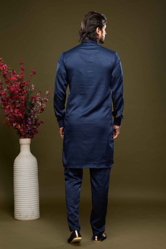 Men's Art Banarasi Silk Thread Work Kurta Pajama In Blue Colour