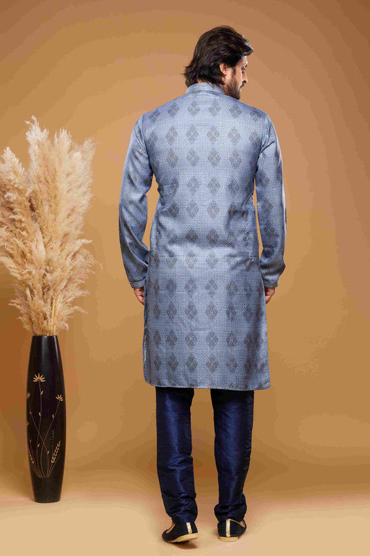Men's Art Silk Digital Print Pintux Work Kurta Pajama In Blue Colour