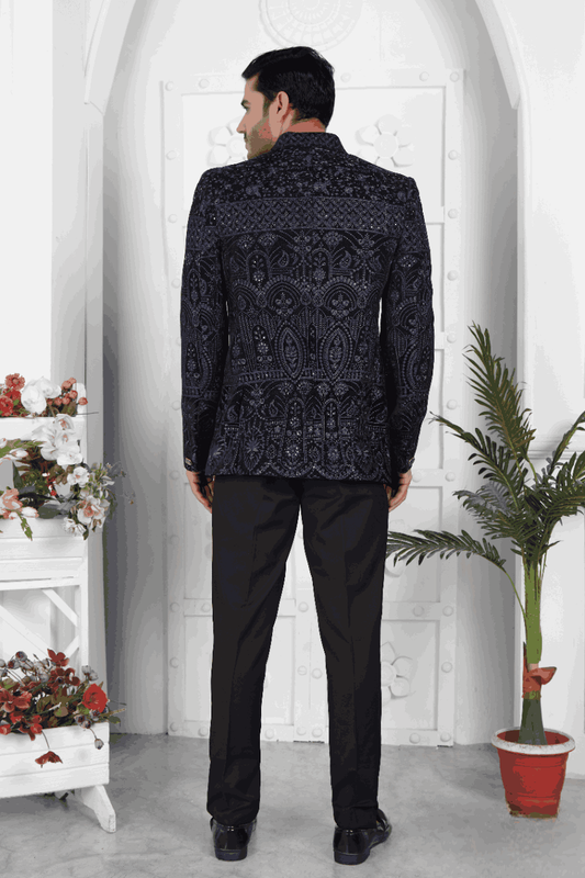 Men's Blue Velvet Thread Work Jodhpuri Jacket