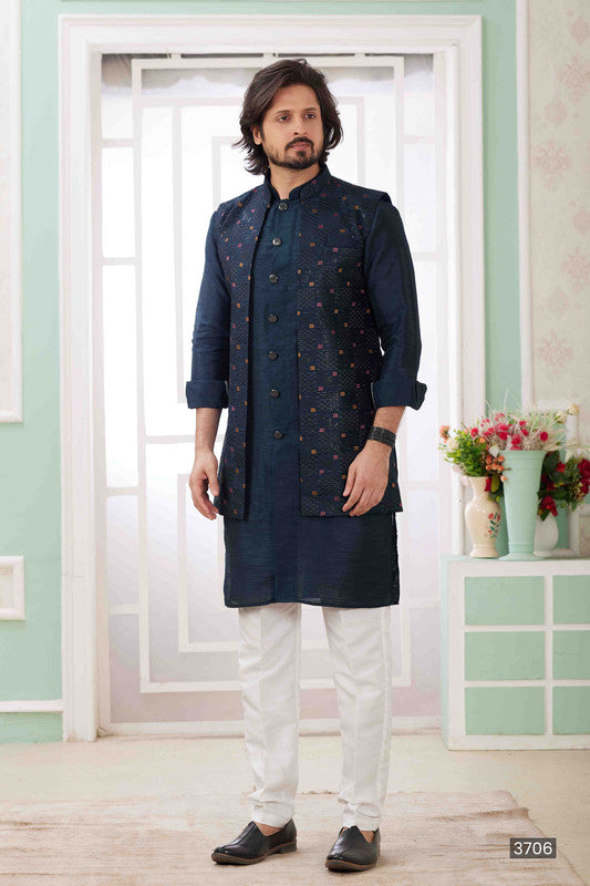 Men's Navy Blue Art Silk Embroidery Collar Neck Jacket Set