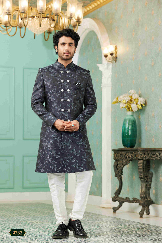 Men's Navy Blue Jacquard Silk Embroidery Sherwani Set