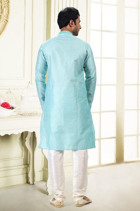 Men's Sky Blue Jacquard Art Silk Thread Work Kurta Pajama Set
