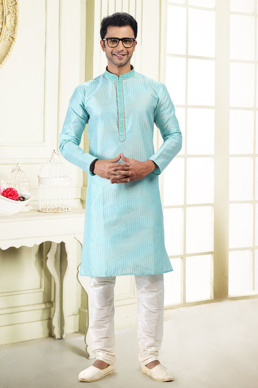 Men's Sky Blue Jacquard Art Silk Thread Work Kurta Pajama Set