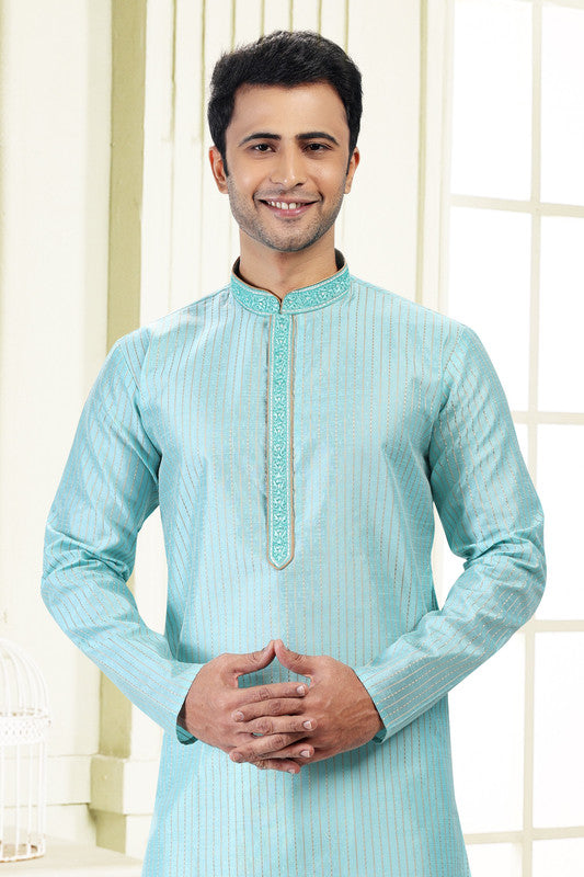Men's Sky Blue Jacquard Art Silk Thread Work Kurta Pajama Set